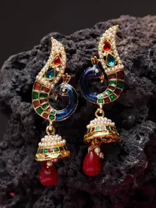 ANIKAS CREATION Gold-Plated & White Peacock Shaped Jhumkas