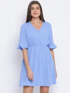 Oxolloxo Women Blue Solid Fit and Flare Dress