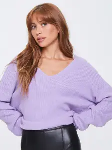 FOREVER 21 Women Purple Ribbed Twist-Back Pullover Sweater
