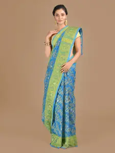 Mitera Blue & Green Pure Cotton Woven Design Jamdani Saree