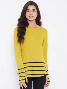 Hypernation Women Yellow  Black Striped Round Neck Pure Cotton T-shirt