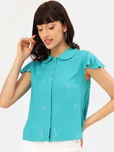 Saaki Women Teal Solid Shirt Style Pure Cotton Top