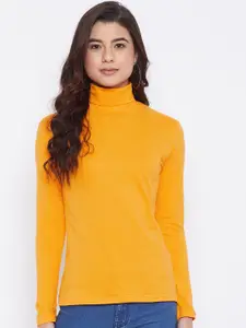 Hypernation Women Mustard Yellow Solid High Neck T-shirt