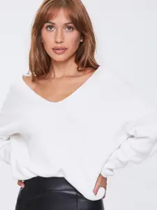 FOREVER 21 Women White Ribbed Twist-Back Pullover Sweater