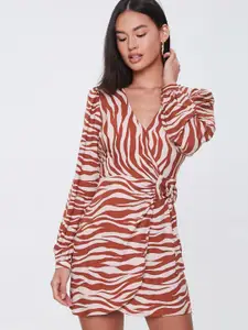 FOREVER 21 Women Taupe & Rust Brown Printed Wrap Dress