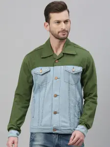 CINOCCI Men Blue & Green Colourblocked Denim Jacket