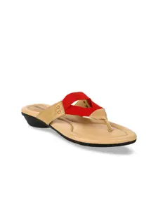 Bata Women Beige & Red Open Toe Flats