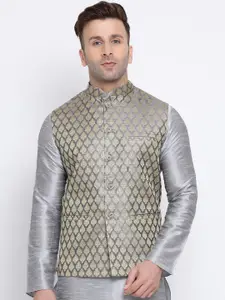 NAMASKAR Men Silver-Coloured & Beige Woven Design Nehru Jackets