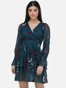 SCORPIUS Women Teal Printed Fit and Flare Dress