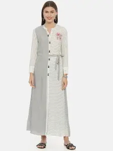 Neerus Women Grey & Off-White Striped Ethnic Maxi Dress