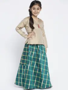 Baani Creations Girls Beige & Green Self-Design Ready to Wear Choli With Lehenga Set