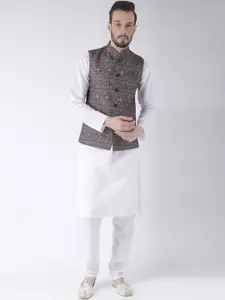 Hangup Men White & Taupe Solid Kurta with Pyjamas