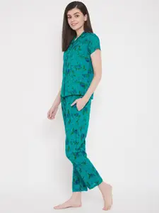 Clovia Women Teal Blue & Green Floral Printed Night Suit