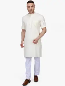 RAJUBHAI HARGOVINDAS Men Cream-Coloured & White Solid Kurta with Pyjamas