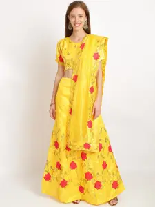Silk Bazar Women Yellow & Pink Embroidered Semi-Stitched Lehenga & Unstitched Blouse with Dupatta