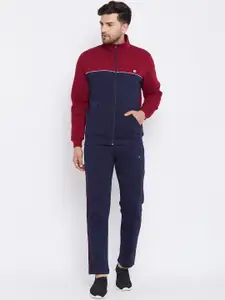 Bishop Cotton Men Navy Blue & Red Colourblocked Tracksuit
