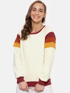 Campus Sutra Women Cream-Coloured Solid Sweatshirt
