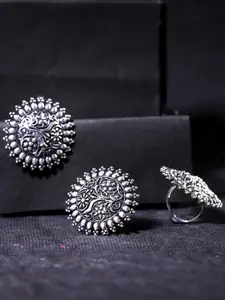 Yellow Chimes Silver Oxidised Artistic Crafted Traditional Stud Earrings With Ring