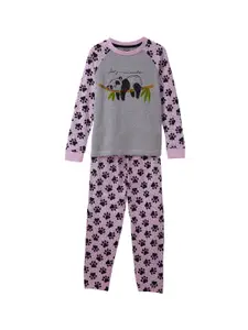 Cub McPaws Girls Grey & Pink Graphic Printed Night Suit