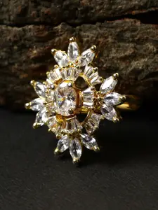 ANIKAS CREATION Gold-Plated & White AD-Studded Adjustable Finger Ring