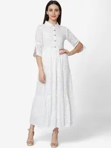 Saanjh Women White Printed Maxi Ethnic  Dress