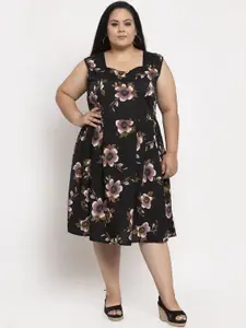 Flambeur Women Black & Pink Floral Printed Fit and Flare Dress