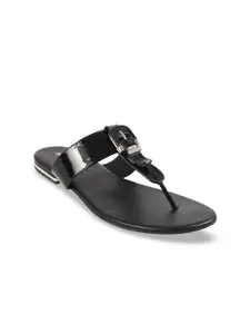 Mochi Women Black Solid T-Strap Flats
