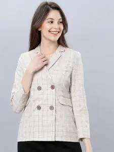CHIC BY TOKYO TALKIES Women Beige Checked Single-Breasted Casual Blazer