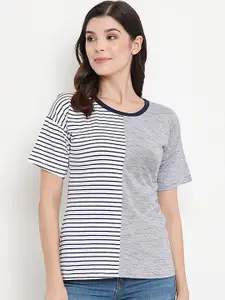 THREAD MUSTER Women White & Navy Blue Striped Pure Cotton Top
