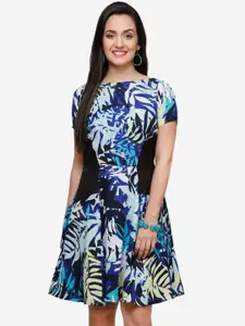 V&M Women Black & Blue Printed Fit and Flare Dress