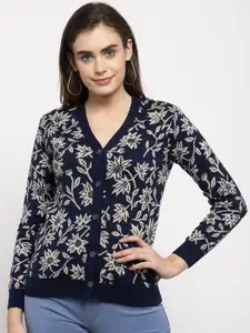 Kalt Women Navy Blue Floral Printed Cardigan Sweater