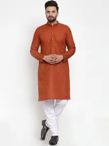 Jompers Men Brown & White Embroidered Kurta with Pyjamas