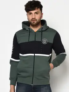 Octave Men Olive Green & Black Colourblocked Hooded Sweatshirt