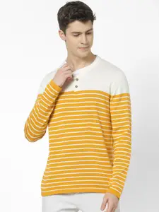 Celio Men Yellow & White Striped Pullover Sweater