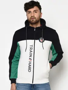 Octave Men White & Navy Blue Colourblocked Hooded Sweatshirt