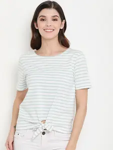 THREAD MUSTER Women Off-White Striped Pure Cotton Top
