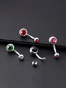 Yellow Chimes Set Of 4 Green & Red Rhodium-Plated Navel Piercing Belly Button Studs