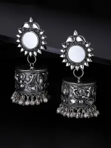 Yellow Chimes Silver-Toned Mirror Work Contemporary Oxidised Drop Earrings