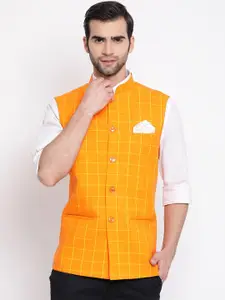VASTRAMAY Men Orange Checked Woven Nehru Jacket