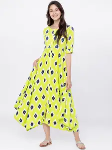 Vishudh Women Lime Green Printed Fit and Flare Dress