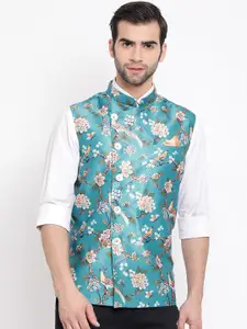 VASTRAMAY Men Turquoise Blue & Beige Printed Nehru Jacket