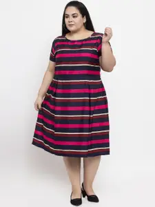 Flambeur Women Navy Blue & Pink Striped Fit and Flare Dress