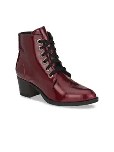 Delize Women Burgundy Solid Leather High-Top Block Heeled Boots