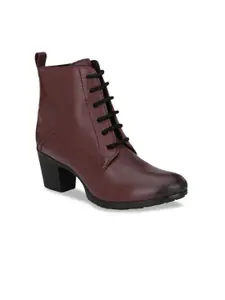 Delize Women Burgundy Solid Leather Mid-Top Block Heeled Boots