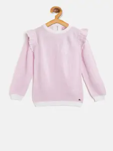 Cherry Crumble Girls Pink & Off-White Self Design Pullover Sweater