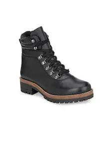 Delize Women Black Solid Leather High-Top Flat Boots