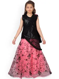 Aarika Girls Black & Pink Embellished Ready to Wear Lehenga & Blouse with Dupatta