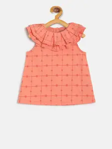 MINI KLUB Girls Peach-Coloured Checked A-Line Pure Cotton Top