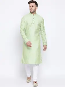 NAMASKAR Men Green & White Jacquard Self Design Kurta with Churidar