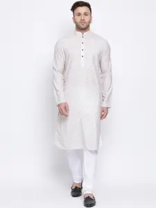 NAMASKAR Men Beige & White Cotton Linen Printed Kurta with Churidar